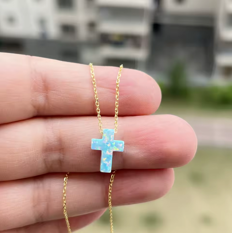 Opal Cross Pendant Necklace – Sterling Silver