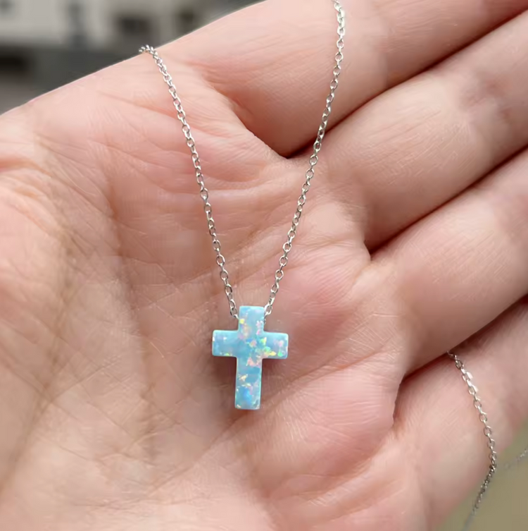Opal Cross Pendant Necklace – Sterling Silver