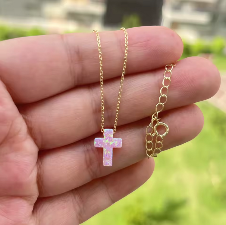 Opal Cross Pendant Necklace – Sterling Silver