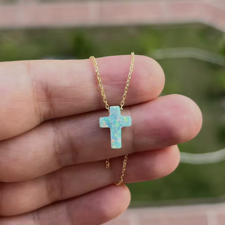 Opal Cross Pendant Necklace – Sterling Silver