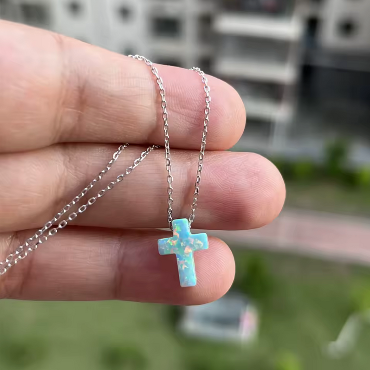 Opal Cross Pendant Necklace – Sterling Silver