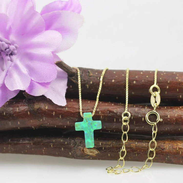 Opal Cross Pendant Necklace – Sterling Silver