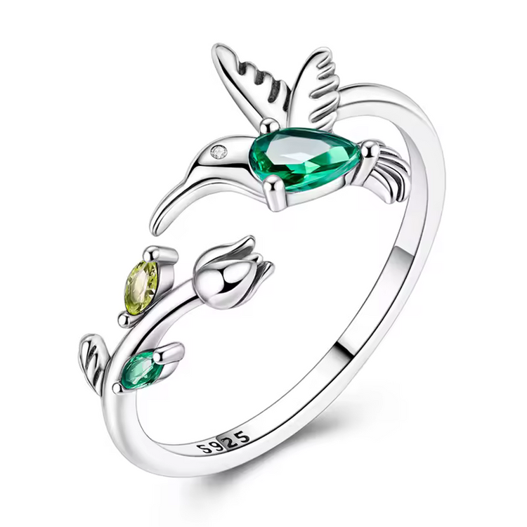 Tulip & Hummingbird Sterling Silver Ring - Nature-Inspired Elegance