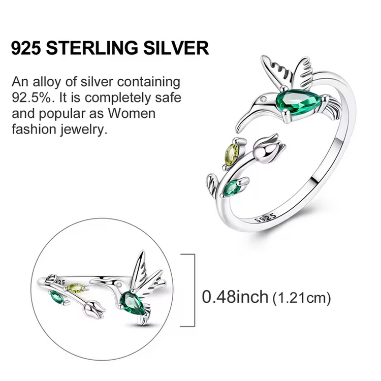 Tulip & Hummingbird Sterling Silver Ring - Nature-Inspired Elegance