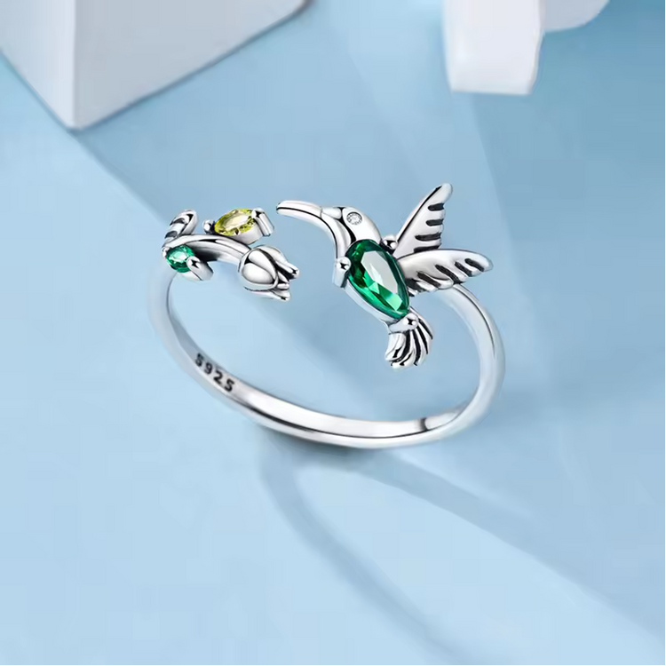 Tulip & Hummingbird Sterling Silver Ring - Nature-Inspired Elegance
