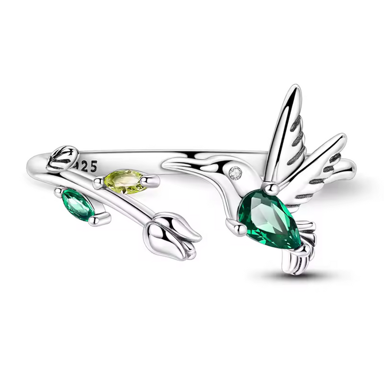 Tulip & Hummingbird Sterling Silver Ring - Nature-Inspired Elegance