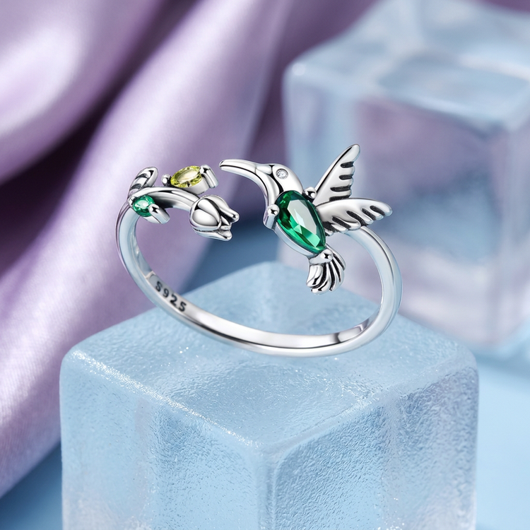Tulip & Hummingbird Sterling Silver Ring - Nature-Inspired Elegance