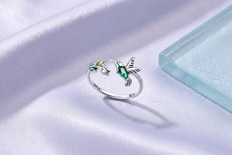 Tulip & Hummingbird Sterling Silver Ring - Nature-Inspired Elegance